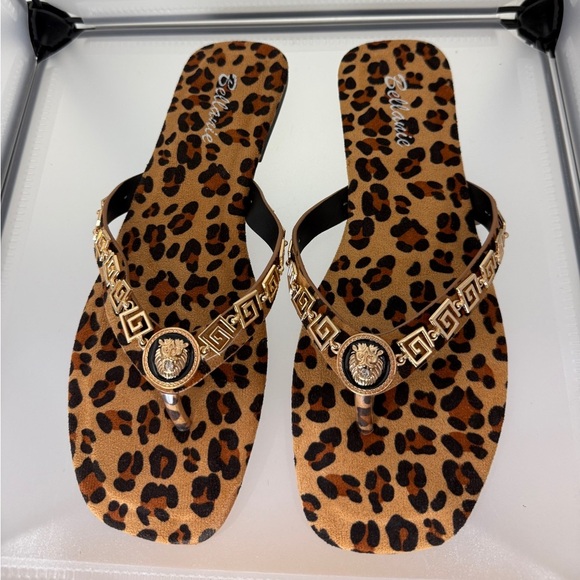 Leopard Print Womens Flip Flop Flat Sandals Brown/Gold Size 8 New - Picture 4 of 4